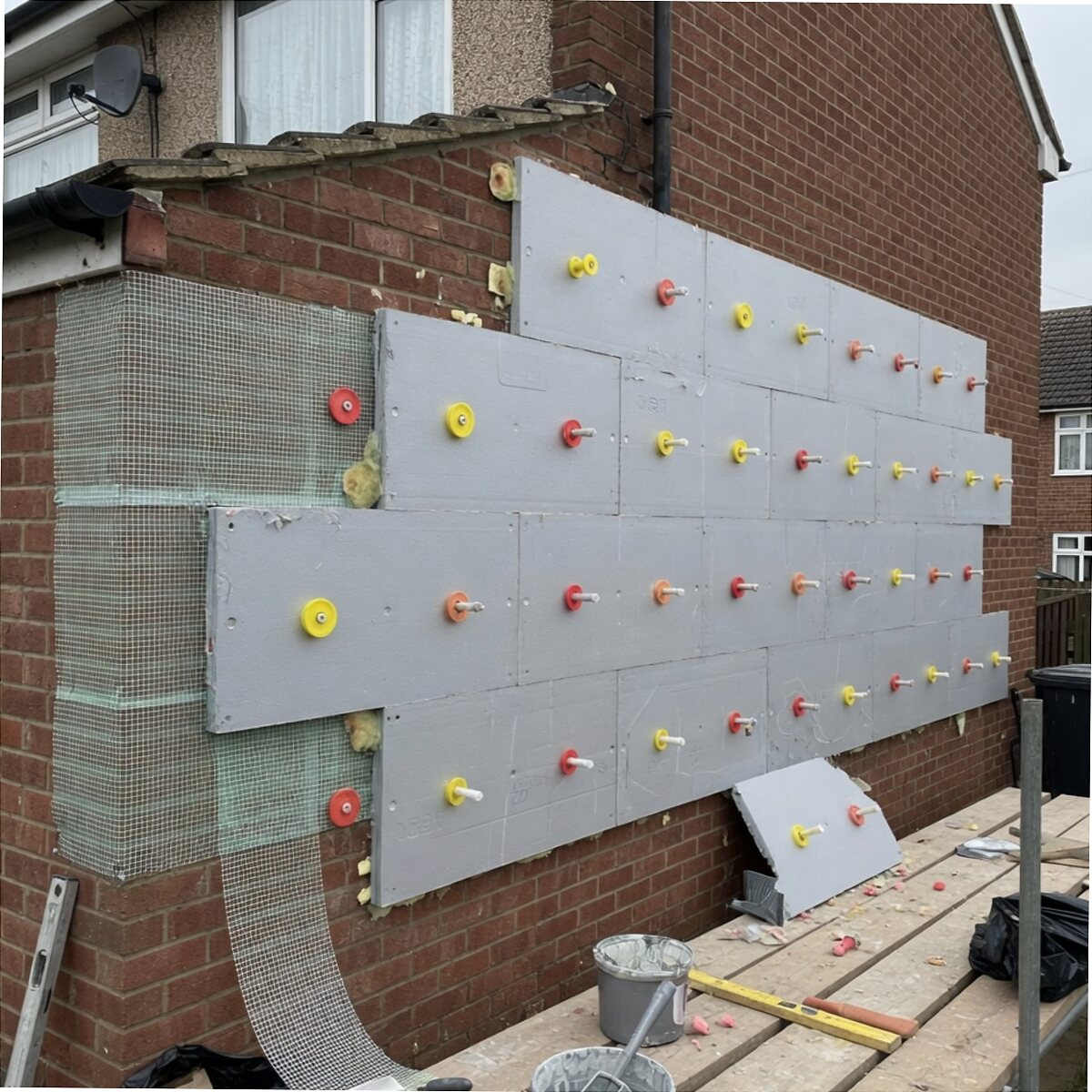 Grey external wall insulation boards fixed to a brick house with coloured washers and mesh