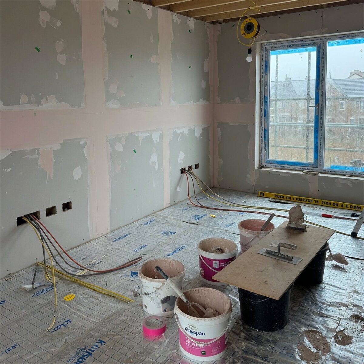 New-build room with boarded walls, first-fix cables, plaster buckets and trowels